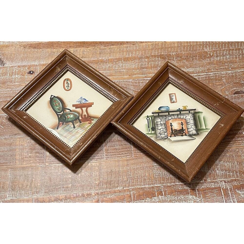 Vintage 2 Wooden Diamond Framed Signed Watercolor Wall Art Cabin Cottage Granny